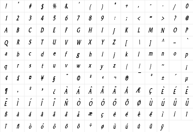 Franco Thin Bold Italic  glyph index