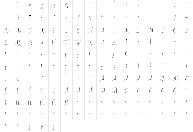 Eritta Script Regular  glyph index