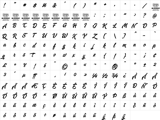 Aquate Script PERSONAL USE ONLY Regular  glyph index