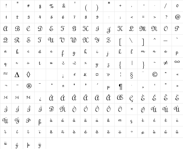 LightScript Regular  glyph index