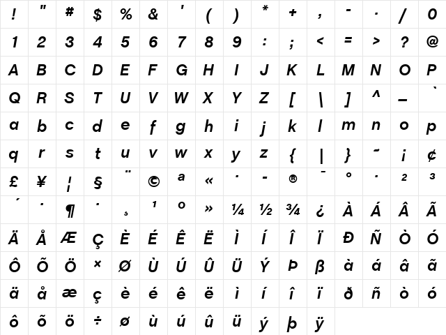 ChaletBook Bold Italic  glyph index