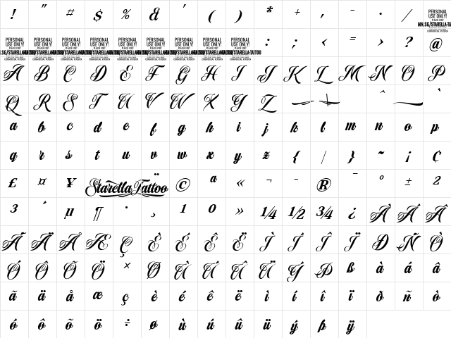 Starella Tattoo PERSONAL USE Regular  glyph index