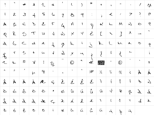 EricsHand Regular  glyph index