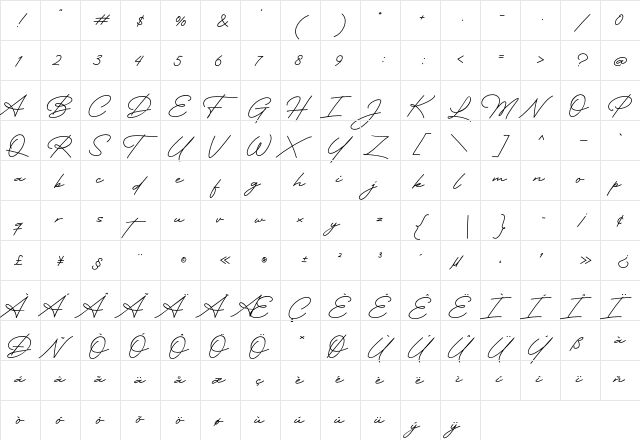 Bellarina Regular  glyph index
