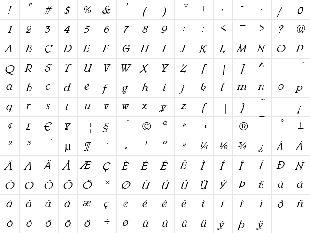 Benson-Light Italic  glyph index