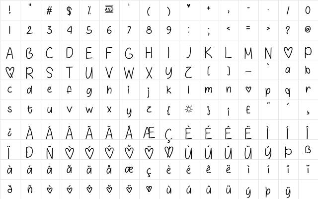 Love and Sunshine Regular  glyph index
