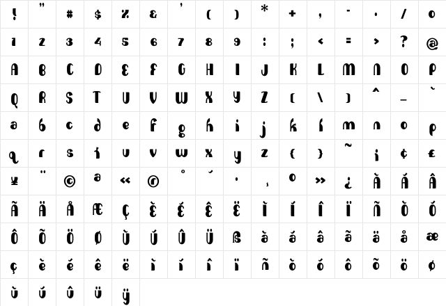 Absolution Regular  glyph index