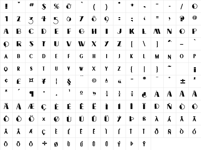 Banco Bold  glyph index