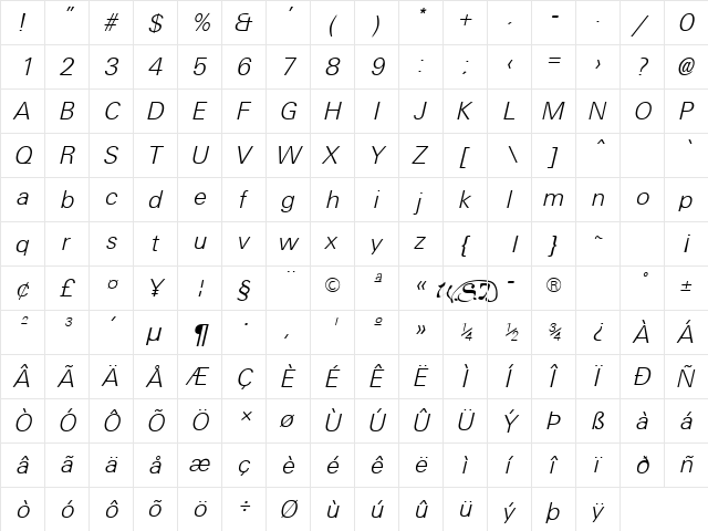Universal Light Italic  glyph index