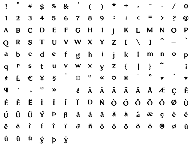 VenisBold Regular  glyph index