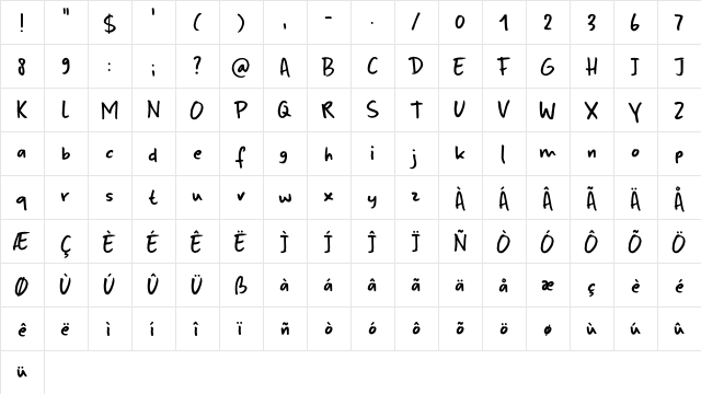 Sumida Script DEMO Regular  glyph index