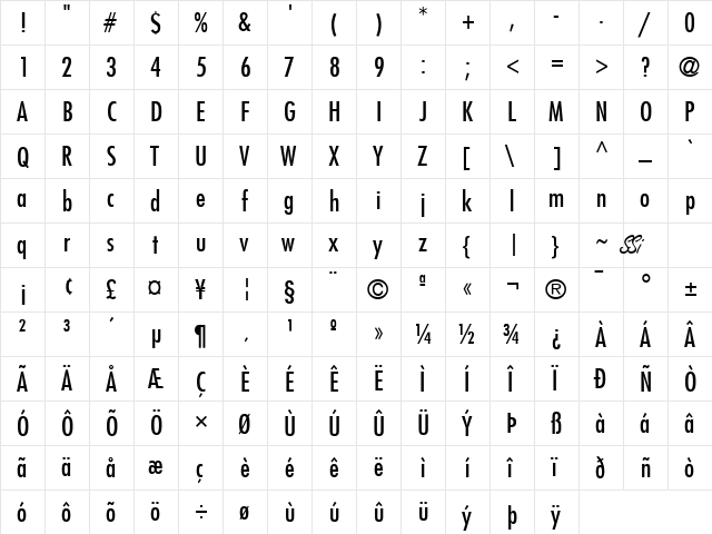 Kudos Condensed SSi Condensed  glyph index