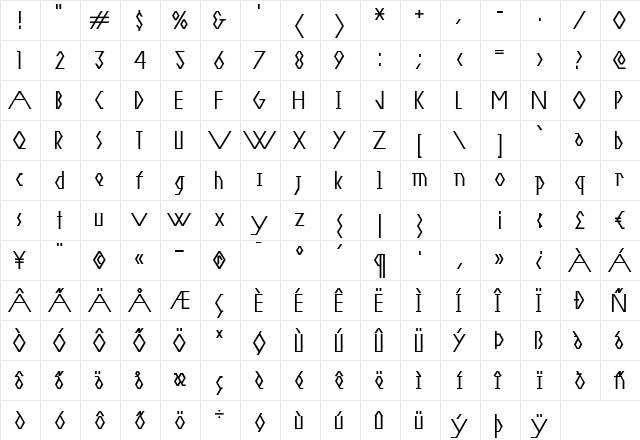 Vacant Light Regular  glyph index