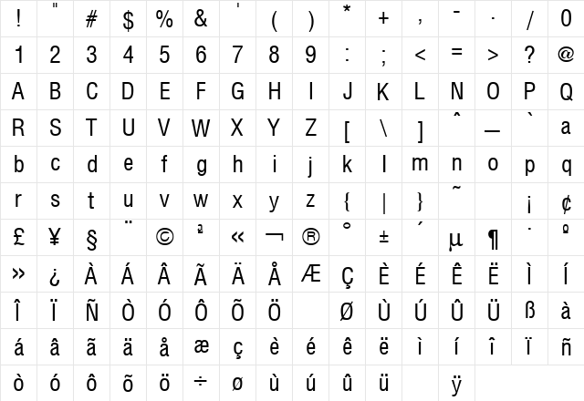 Hallmarke Condensed Regular  glyph index