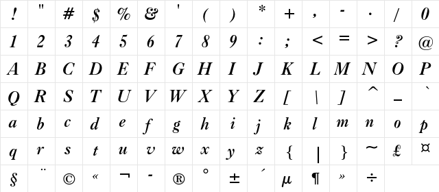 CaslonC 540 BT Bold Italic  glyph index