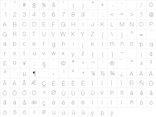 Helvetica Neue LT Std 25 Ultra Light  glyph index