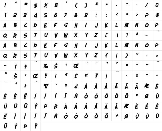 SF Slapstick Comic Bold Oblique  glyph index