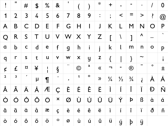 Gill Sans Infant Std Regular  glyph index