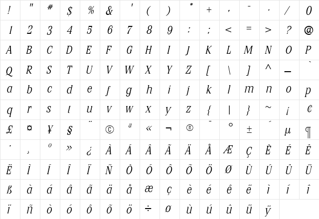 StirlingLightItalic Roman  glyph index