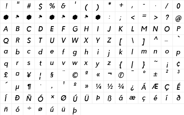 Paloseco Medium Italic  glyph index