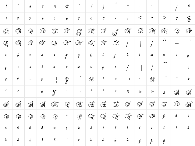 Ballad Regular  glyph index