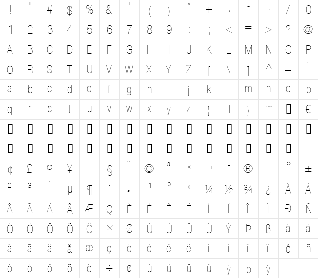 HelveticaNeue LT 27 UltLtCn Regular  glyph index