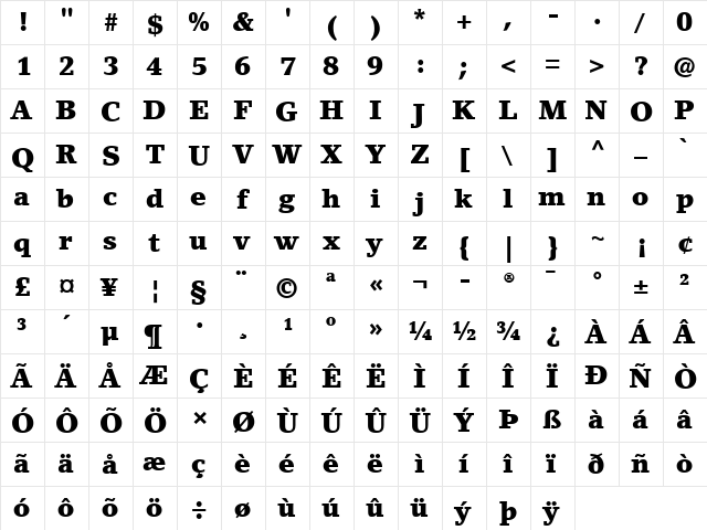 LinoLetter LT Medium Bold  glyph index