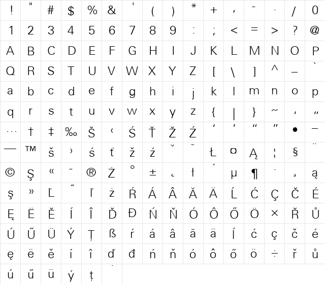 Univers CE 45 Light Regular  glyph index