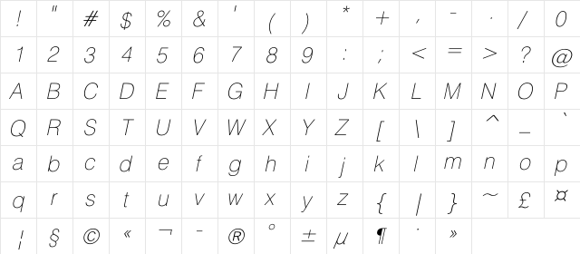 HeliosThinC Italic  glyph index