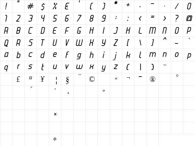JUICE Italic Italic  glyph index