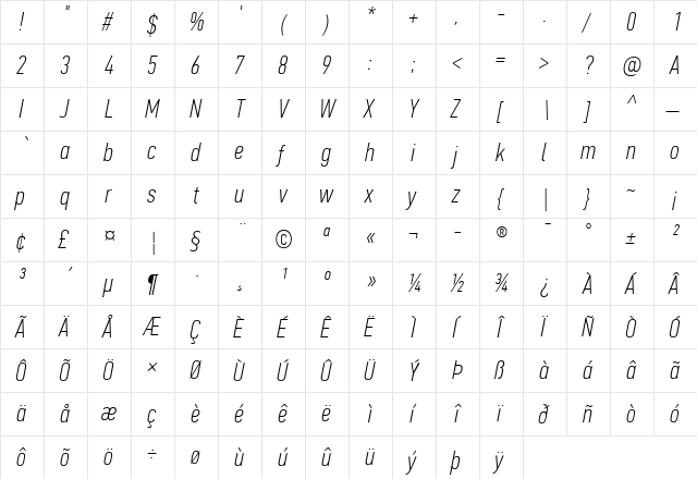 PF Din Text Comp Pro Thin Italic  glyph index