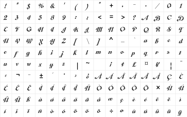 Cabarga Cursiva Std Regular  glyph index