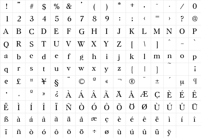 Horsham-Serial-Light Regular  glyph index