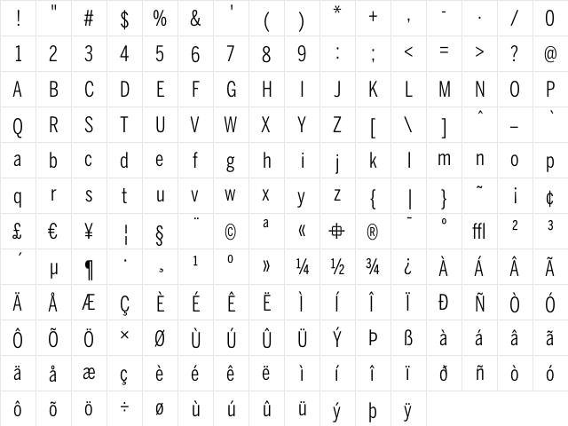 BentonSans ExtraCondensed Book  glyph index