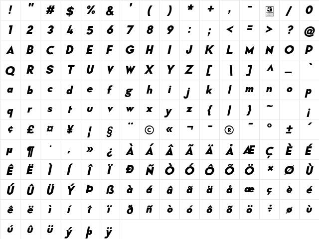 Typo Formal Demo Bold Italic  glyph index