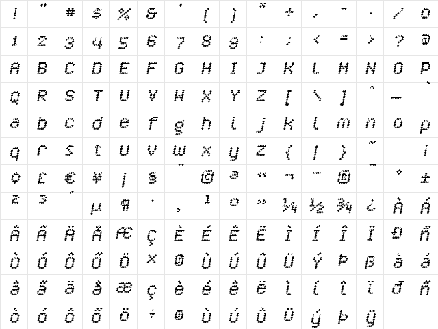 Crossover BoldOblique  glyph index