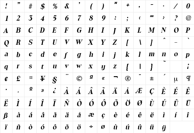 Toledo-Serial BoldItalic  glyph index
