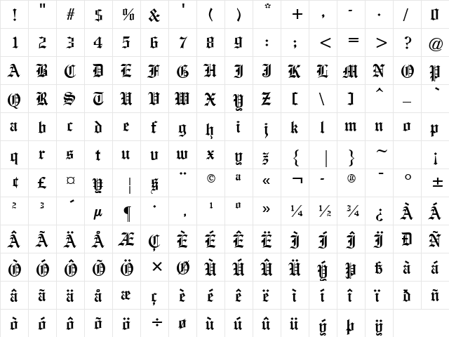 Fortesquoe Regular  glyph index