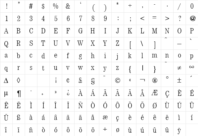 ModernCenturyCondLight Regular  glyph index