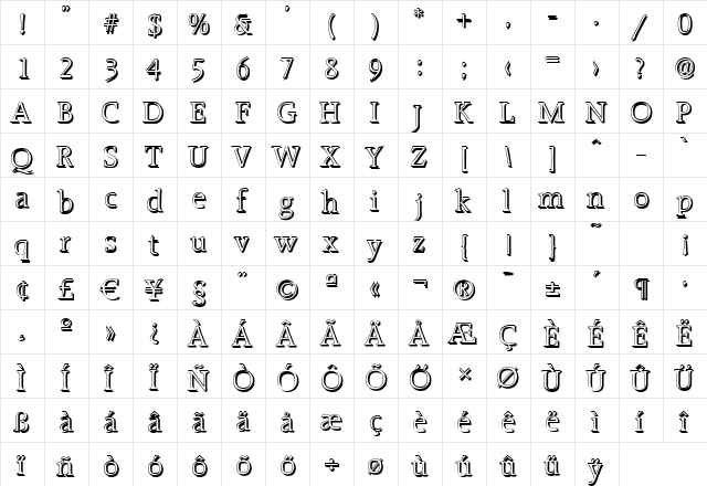 AliBeckerShadow-Light Regular  glyph index