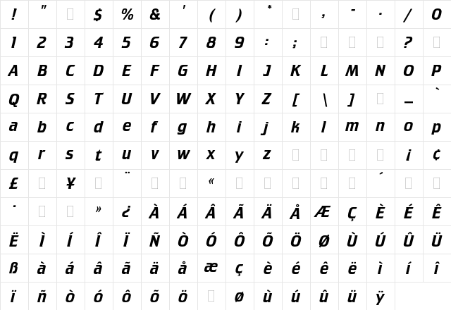 Crillee Italic Plain  glyph index