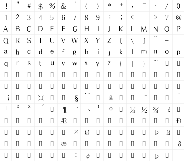 HYSinGraphic-Medium Regular  glyph index