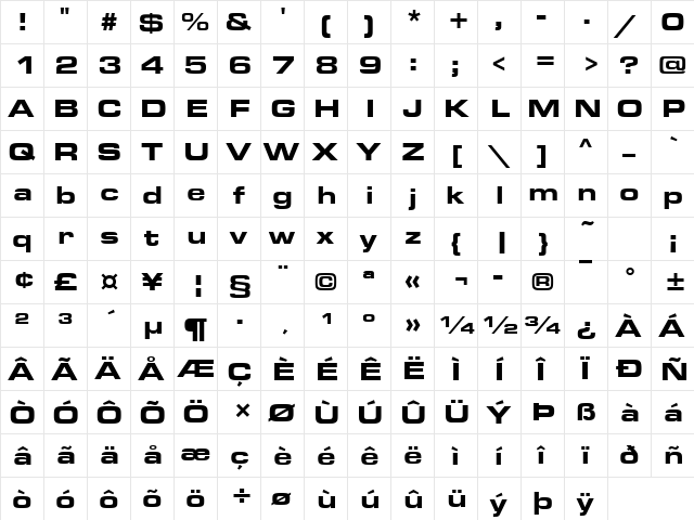 EurostileTBlaExt Regular  glyph index