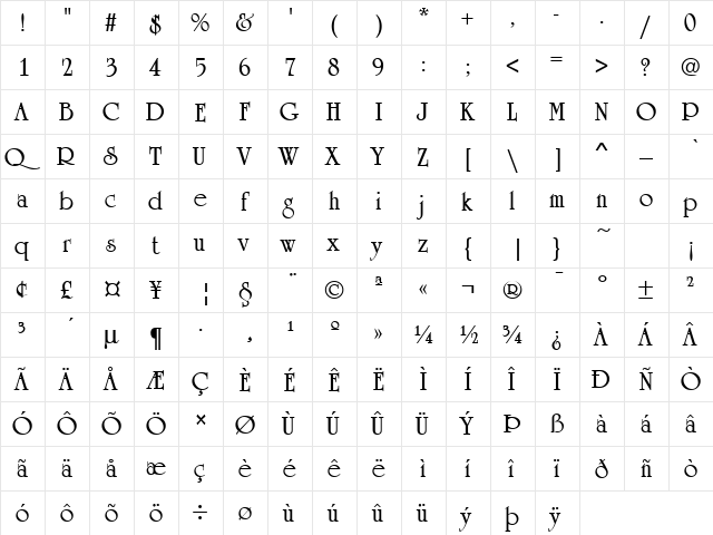Cambridge Bold  glyph index