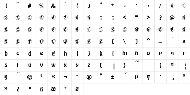 HoboIniD Regular  glyph index