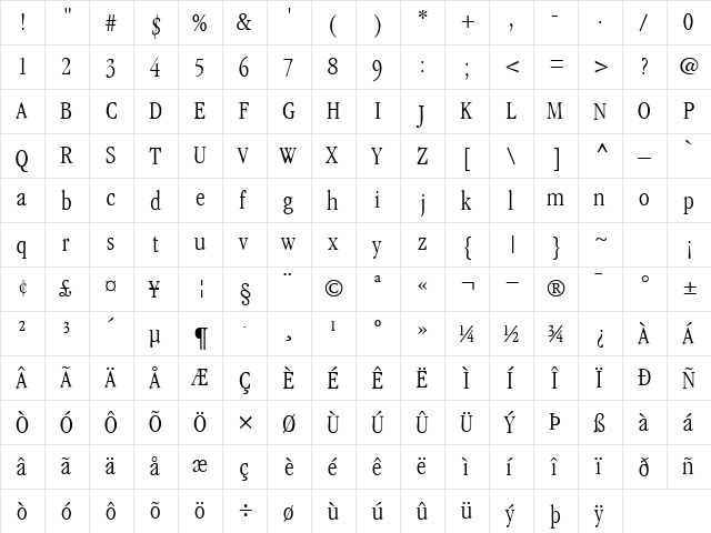 GaramondLightCondSSK Regular  glyph index