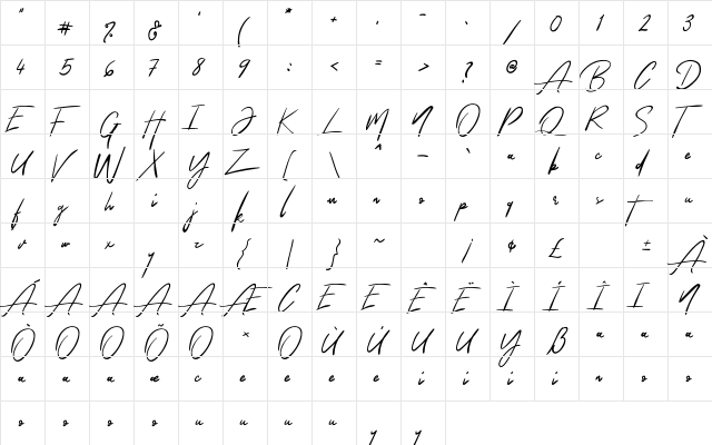 The Queenthine Regular  glyph index