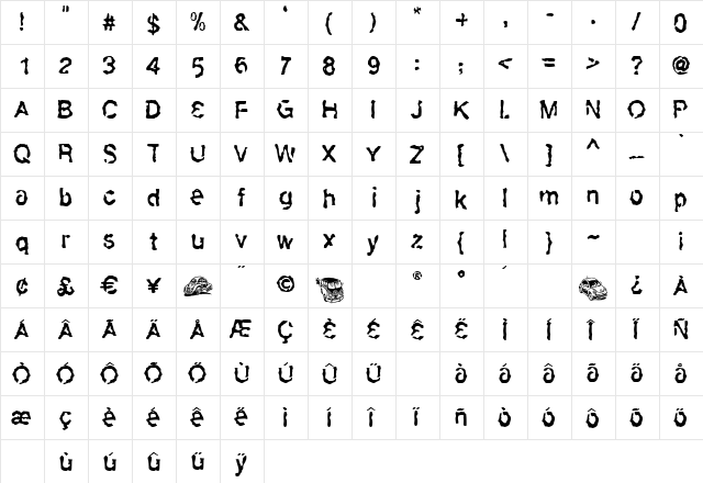 Slackhappy Regular  glyph index