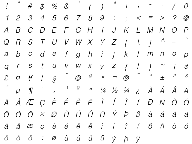 Helvetica Light Oblique  glyph index