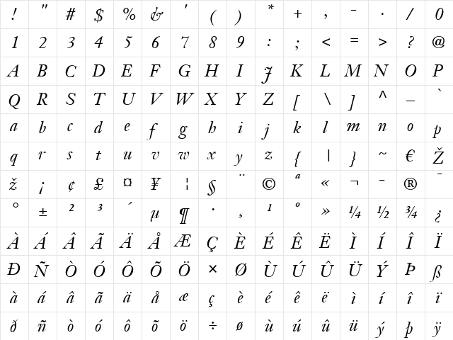 JansonText LT Italic  glyph index